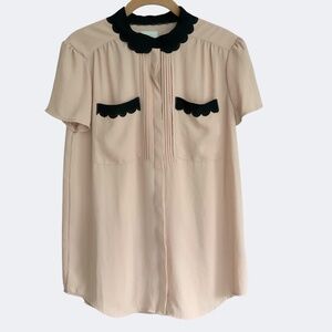 Anthropologie H D in Paris Scallop Trim Short Sleeve Blouse Peach Black SZ 4